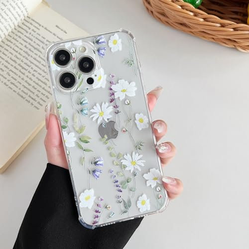 DEFBSC Case for iPhone 13 Pro Max, Cute Clear Floral Flower Pattern Design for Girls Women Slim Fit Shockproof Soft TPU Bumper Protective Cover - White