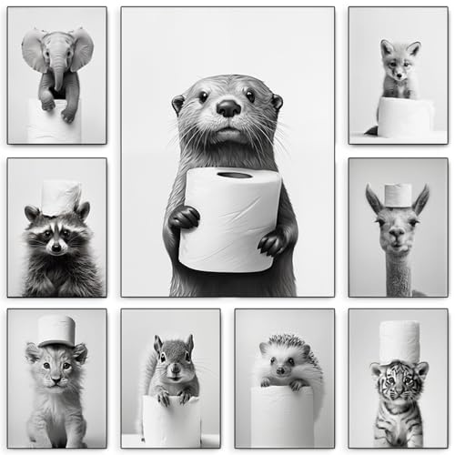 BeiYiHo Bilder Badezimmer Tiere Schwarz Weiß Poster Lustige Tiere Bild Toilette Tier Otter Wandbild WC Deko Kunstdruck Bad Leinwand Modern 30x40