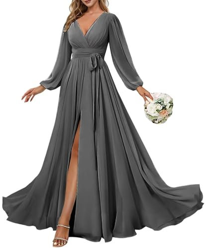 KURFACE Grey Bridesmaid Dresses for Women with Slit Pleated Chiffon A Line Long Sleeve Wedding Guest Dress UK12