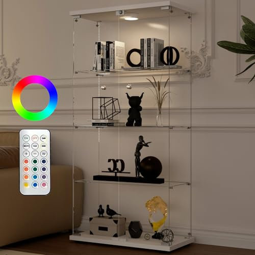 Aplancee Glasvitrine Standvitrine in Weiß mit LED, 164 * 36.3 * 80.5cm Vitrinenschrank mit 4 Glasböden & 2 Türen aus gehärtetem Glas, Vitrine für Wohnzimmer Büro Sammlerstücke Bücher Wein