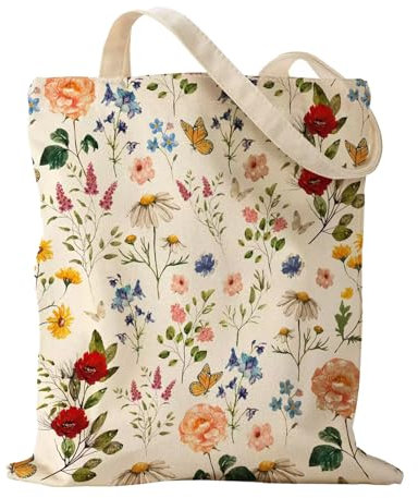 ALMLWIAJ Canvas-Tragetasche mit Blumenmuster, ästhetische Stoff-Einkaufstasche mit Innentasche, Tragetasche für Damen, Geschenk für Yoga-Frauen, Freundinnen, Mütter, zum Geburtstag, 35 x 38 cm