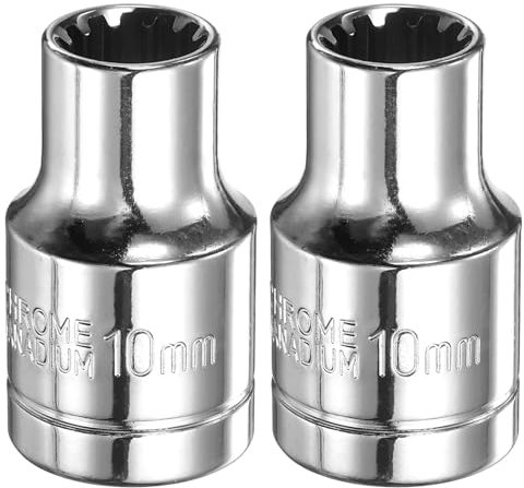 sourcing map 2pcs 12 Point Socket 1/2 Drive by 10mm Metric Shallow Socket Chrome Vanadium Steel 12-Point Standard Sockets Mechanic Hand Tool for Car Repair Mechanical Maintenance Home Use