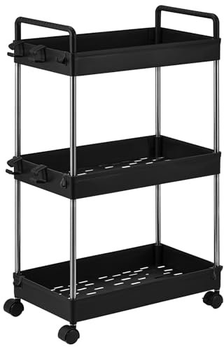 DPWEION 3-Tier Storage Trolley Slide Out Rolling Utility Shelf Rack Storage Cart on Wheels Mobile Shelving Space Organizer for Kitchen/Bathroom/Laundry Room/Office,Plastic & Stainless Steel (Black L)