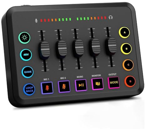 Iyalezirk Mezclador de audio para juegos, mezclador para PC RGB en streaming con interfaz micrófono XLR, fader volumen, alimentación Phantom 48 V para podcast