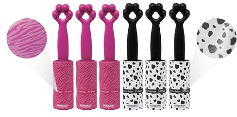 KORBOND Pet Lint Roller 6 Pack - LIMITED EDITION - 198 TOTAL Printed Sheets - Dalmatian + Tiger Printed Sheets - Lemon Scented Pet Hair Remover Roller - Sticky Roller for Clothes - Dog Hair Remover