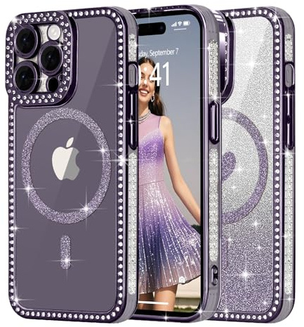 Ethanger Magnetic Glitter Case for iPhone 14 Pro, Bling Border, Purple | Compatible with MagSafe, Sparkle Rhinestone Border, with Removable Glitter Insert, Protective Shockproof for Women Girls