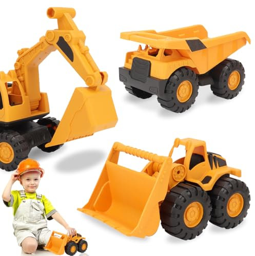 XLZJYIJ Jouets de Pelleteuse, 3 Véhicules de Chantier Jouets Enfants, Pelleteuse, Bulldozer, Camion Benne, Jouet de Sable Excavatrice Voiture Pelle pour Enfants dès 3 Ans