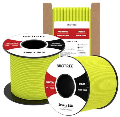 Paracord 2mm 15M 100% Nylon Seil mit 3 Kern Schnur für Outdoor, Armband, Hundeleine - Bruchlast 90kg (Neon Gelb)