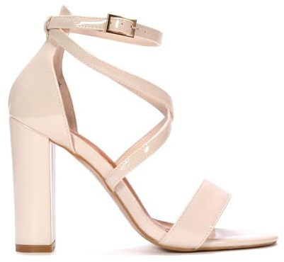 ESSEX GLAM Women's Ankle Strap Block Heel Sandals Ladies Patent Strappy Buckle Prom Party Shoes Size 3-8