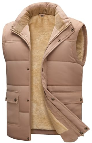 Lonya Gilet for Men Fleece Body Warmer Quilted Outerwear Gilets, Winter Thermal Lightweight Windproof Sleeveless Jacket Zipper Warm Vest with Pockets, Khaki-Pink, M