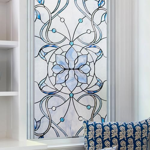 OHTMERU 3D Stained Glass Window Privacy Film, Heat Control UV Blocking Static Cling Decorative Window Film for Bathroom,Front Door,Home Non Adhesive,16.9 x 39.3 inches Azure Bloom