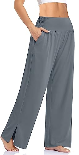 Cegerne Activewear-Hosen für Damen mit Taschen Jogginghose Hohe Taille Yogahose Weites Bein Straighthose Sporthose mit Schlitz, Grau, 3XL