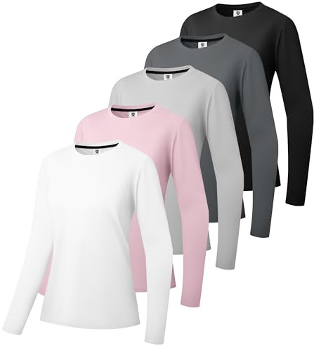5er-Pack Damen Baumwolle Langarm T-Shirts Rundhalsshirt Classic-Fit Hemd Weiche Atmungsaktive Casual Tee Mode Basic Tops Schwarz/Dunkelgrau/Grau/Rosa/Weiß-5P02-M