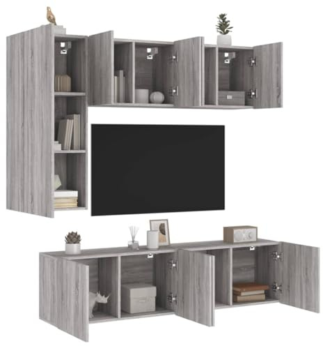Ziaphsol 5-TLG. Wohnwand Grau Sonoma Holzwerkstoff, Wandmontage TV-Schrank Set, Modernes Entertainment Center für Wohnzimmer, Schlafzimmer, Büro, Feuchtigkeitsbeständig