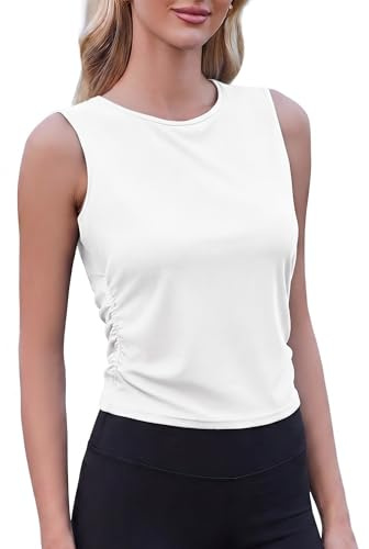 PINSPARK Débardeur Femme sans Manches Coupe Ajustée Léger Yoga Gym Doux Haut de Sport Haut Court Blanc L