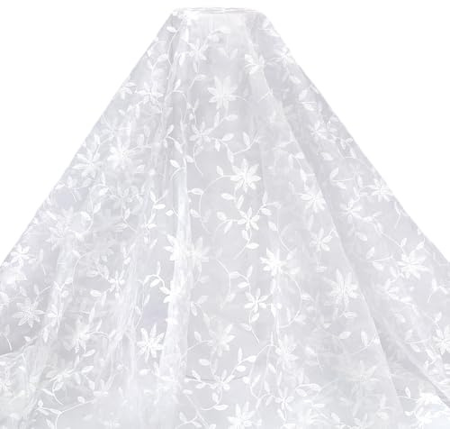 MAYJOYDIY White Vine Embroidery Lace Fabric Polyester Embroidered Net Tulle Mesh Branch Leaves Lace Fabric for Dress Decor DIY Clothing Project(1.8M*1.3M)