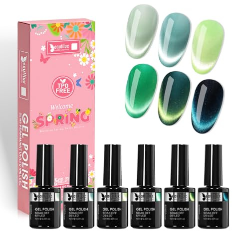Beautilux Vernis Semi-Permanent Sans-TPO, 6 Couleur des Yeux Verts du Chat Couleurs 10ml Vernis à Ongles Gel Soak Off Nail Art VSP Kit for Professional and DIY Manucure(MC26-01)
