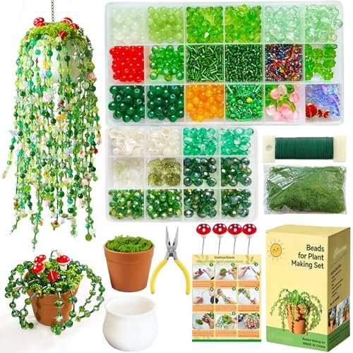 Beaded Plant Kit,Leaf Flower Beading Kits with 2 Plant Pots,Green Beads for Beaded Plants DIY Crafts Kit Plants Lover Gifts