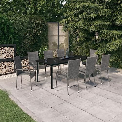 sephironlbb Juego de comedor de jardín de 9-TLG, color gris y negro, con marco de acero con recubrimiento en polvo, ratán de polietileno resistente al agua, mesa de cristal, 200 x 100 x 74 cm, 8