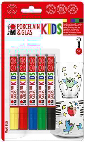 Marabu 0125000000083 - Porcelain & Glas Painter Kids, Set Maxi Fun mit 5 Farben, Porzellan- und Glasmalstift für Kinder, kinderleichtes Malen, spülmaschinenfest nach Einbrennen, Spitze 1 - 3 mm