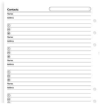 Filofax A5 Size Contacts (Name Address And Phone Email) Sheets Refill