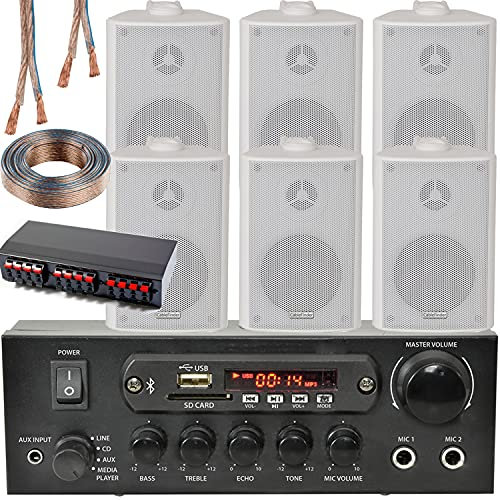 Loops Bluetooth Wall Speaker Kit 3 Zone Stereo Amp & 6x White Wall Background Music