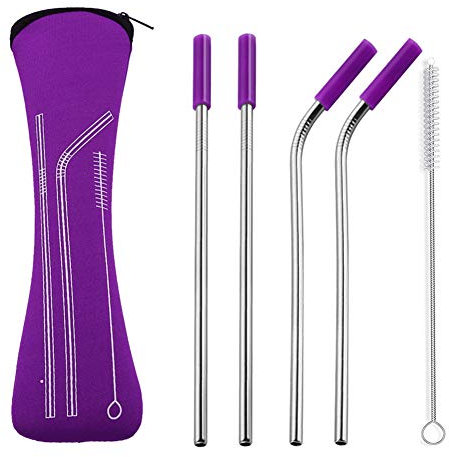 XQxiqi689sy Set of 4 Reusable Stainless Steel Metal Straws Silicone Tips Cover Stainless Steel Straight Bent Straw Purple