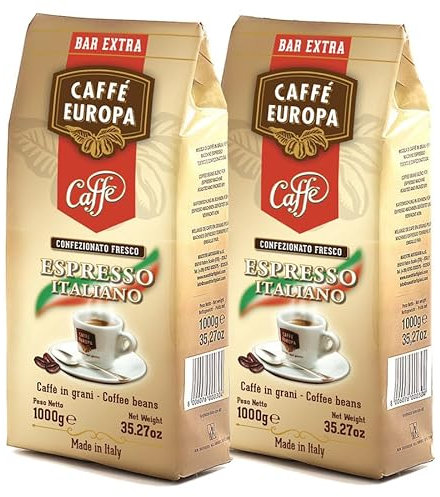 Caffe Europa in Grani - Caffè in Grani a Tostatura Artigianale, Caffe Cremoso dal Gusto Intenso, Miscela Bar Extra 50% Arabica - 50% Robusta, Caffè in Grani 1Kg, 2 Confezioni