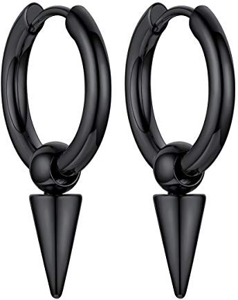FOCALOOK Herren Ohrringe schwarz Edelstahl Huggie Creolen mit umgekehrtem Kegel Ohrstecker Ohr Piercing Punk Stil Modeschmuck Accessoire für Jungen Mädchen