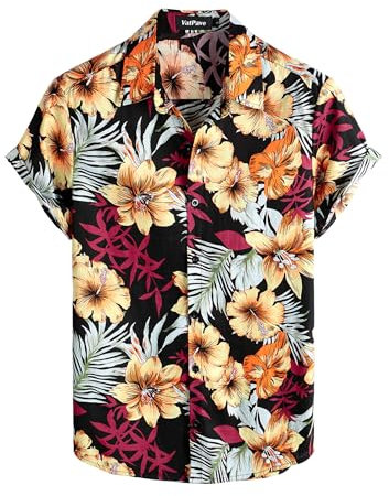 VATPAVE Mens Hawaiian Shirts Button Down Short Sleeve Floral Beach Shirts Summer Casual Aloha Shirts 100% Cotton Large Black