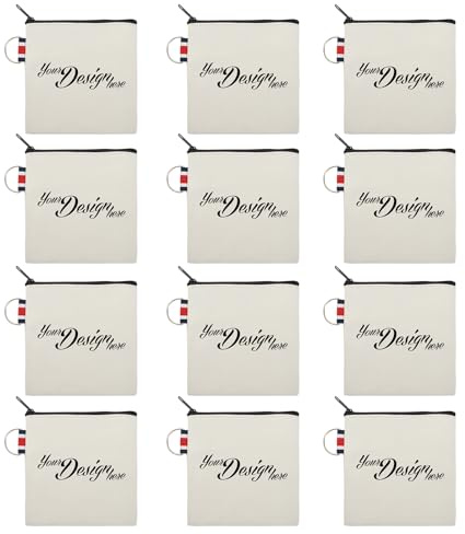 Muka Lot de 12 Pochettes à Monnaie personnalisées avec Logo et Texte, Mini Porte-Monnaie en Toile 11 x 11 cm, Sac Naturel avec Fermeture éclair Noire