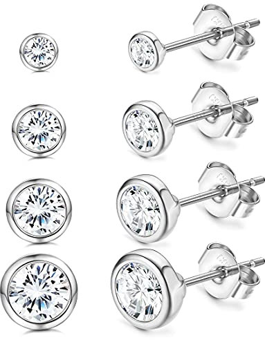 JeweBella 4 Paar Ohrstecker Silber 925 Klein Runde Zirkonia Ohrstecker Set für Damen Herren Mädchen Knorpel Tragus Ohrringe Set Gold/Silber/Rosegold 2/3/4/5 mm