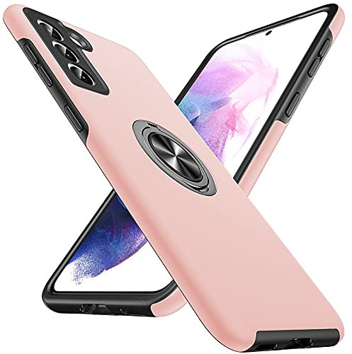 Anqrp Galaxy S21 5G Coque, Anneau Caché Antichoc Militaire Béquille Magnétique Rotative Robuste Housse de Protection Multicouche, Compatible avec Samsung Galaxy S21-Or Rose