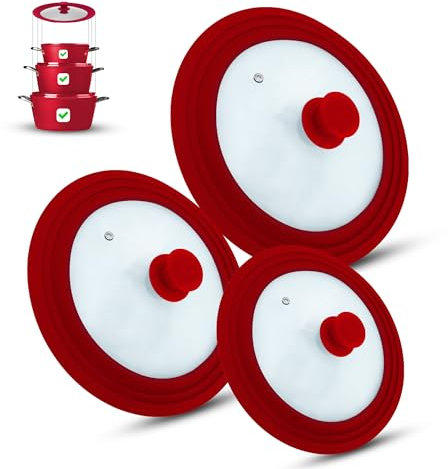 M.S.N Juego de 3 tapas universales de cristal, 3 piezas, ollas y sartenes de 16/18/20 cm y 24/26/28 cm y 28/30/32 cm, con válvula de escape y borde de silicona, color rojo