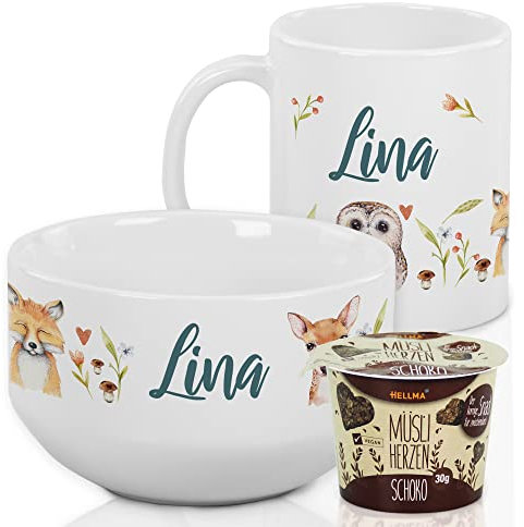 Frühstücksset Kinder personalisiert mit Namen – Waldtiere Müslischale mit Tasse aus Keramik - 3-teiliges Geschirrset - Geschenkset für Jungen und Mädchen, spülmaschinengeeignet