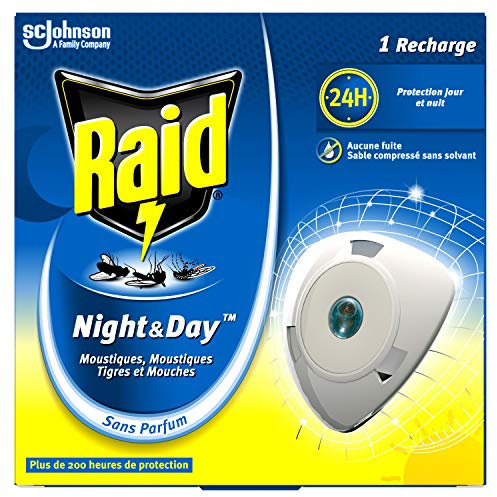 RAID RECHARGE POUR DIFFUSEUR ÉLECTRIQUE NIGHT&DAYTM MOUCHES, MOUSTIQUES ET MOUSTIQUES TIGRES, 1 RECHARGE 240 HEURES
