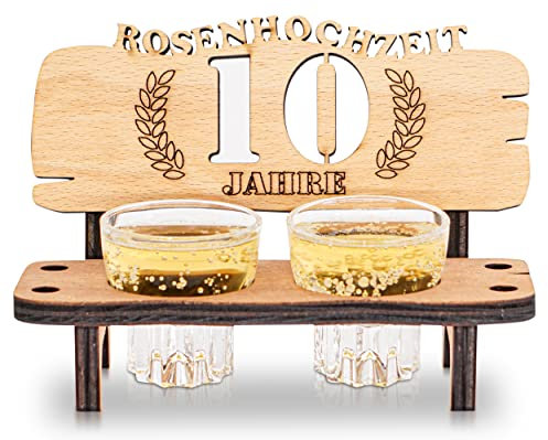 DARO Design - Schnapsbank 10. Hochzeitstag Rosenhochzeit Geschenk Deko für Paare Männer Frauen aus Holz mit Gläsern