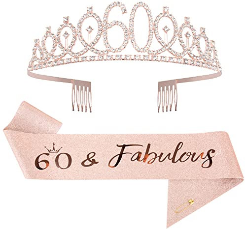 Mikccer Rose Gold 60th Birthday Sash and 60 Birthday Tiara, Rhinestone Crown Headband for 60th Birthday Gifts, 60th Birthday Decoration Party Accessories for Women (De-10)