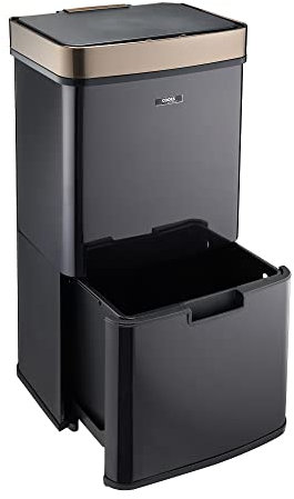 Cooks Professional Recycling Sensor Bin 75L with Dual Compartments and Removable Food Caddy for Kitchen | Smart Automatic Brushed Stainless Steel Bins | Black/Copper
