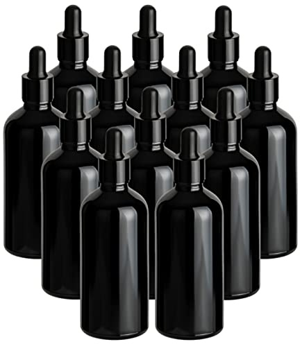 gouveo 12er Set Pipettenflasche 100 ml (0,10 l) Pipettenflasche 100 ml aus Klarglas schwarz-glänzend mit Schraubdeckel aus Kunststoff & Glaspipette, Tropfflasche/Apothekerflasche leer (PFSZG100)