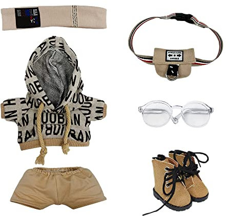 niannyyhouse 20 cm Plüsch-Puppenkleidung, lockerer Hip-Hop-Anzug, Kopfbedeckung, Hose, Rucksack, Brille, Schuhe, 20,3 cm, Puppenzubehör (braun, 20 cm)