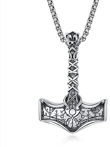 Thors Hammer Viking Necklace for Men Sterling Silver Norse Silver Thors Hammer Pendant Viking Jewelry for Men Boys Father