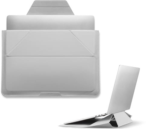 MOFT Laptoptasche Hülle & Laptop Ständer für 15-16 Zoll Laptop, Vegan Leder Laptoptasche mit Erweiterbarem Stauraum, 2 Verstellbare Winkel, Kompatibel mit MacBook Air/Pro 15-16 Zoll, Nebliges Grau