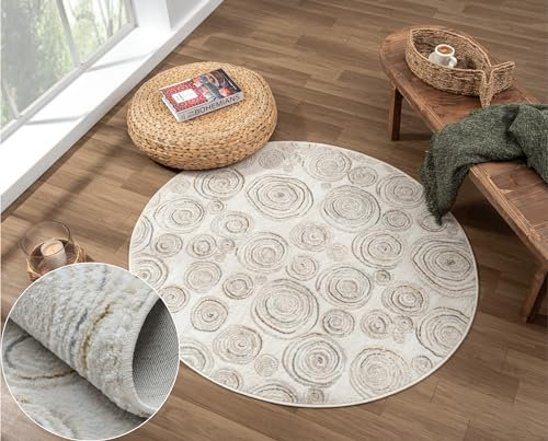 MY-RUG Teppich Bella rund Creme 120 x 120 cm Runder Esszimmerteppich in kurzflor, Badezimmerteppich in Beige Grau meliert für das Wohnzimmer
