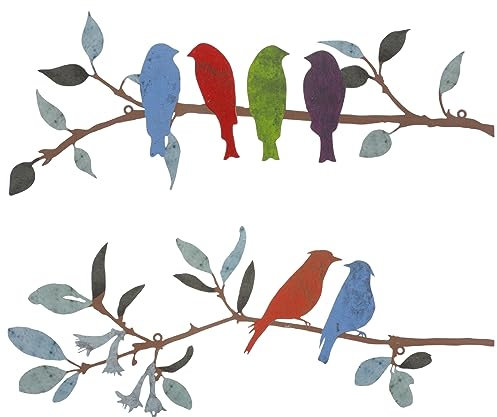 2 Stück Metall-Vögel, Wandkunst, lebendige Vögel auf Ast, Metall-Vögel, Wanddekoration, hängende Blätter mit Vögeln, Outdoor-Wanddekoration, rustikale Vogeldekoration, Blatt-Wanddekoration oder
