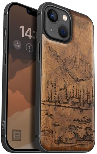Carveit Holz Handyhülle für iPhone 13 mini Handyhulle kompatibel mit MagSafe Massivholz für Apple 13 mini Handyhülle Stoßfeste Stoßstange TPU hulle.（Nussbaum-Seen und Berge）