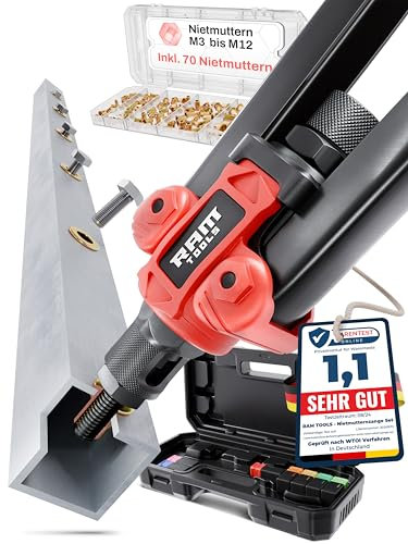 RAM TOOLS® Nietmutternzange, Nietzange Set inkl. 70 Nietmuttern, MIT Bohrloch/-größentabelle, Dorne in M3 M4 M5 M6 M8 M10 M12, inkl. Nietmutternbox