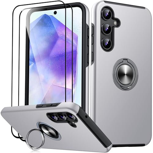 JAME für Samsung Galaxy A55 5G Hülle mit 2 Stück Panzerglas, Militärschutz Stoßfester Schutz Samsung A55 5G Hülle mit 360° Magnetischer Ring Kickstand Handyhülle für Samsung A55, Silber