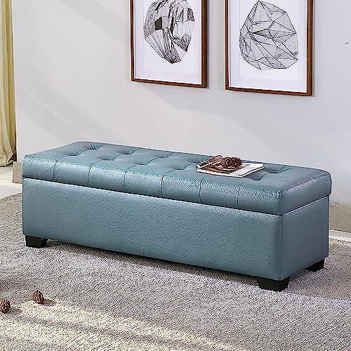 Aufbewahrungsbank aus Kunstleder, rechteckige Bettbank mit Stauraum, Moderne dekorative Möbel, Wohnzimmer, Eingangsbereich, gepolsterte Schuhe, Wickelhocker (Farbe: Grün + Blau, Gr