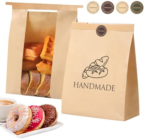 45 Pack Paper Bread Bags for Homemade Baking - Tin Tie Tab Lock Sourdough Bag, Large Loaf Packaging With Clear Window for Storage - 48 Label Seal Stickers for Bakery Use